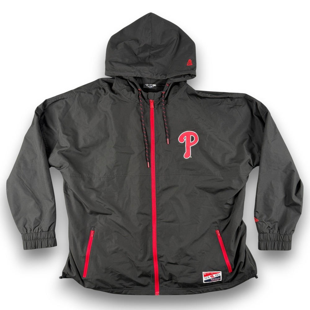 Philadelphia Phillies Jacket Mens 2XL New Era Black Red Hooded Windbreaker MLB